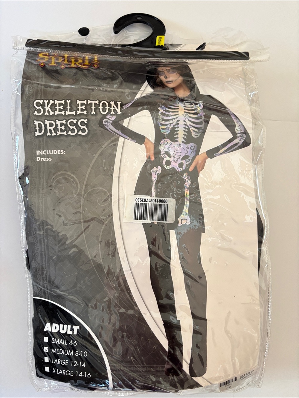 Spirit Black Skeleton Dress Costume with Shiny Printed Bones